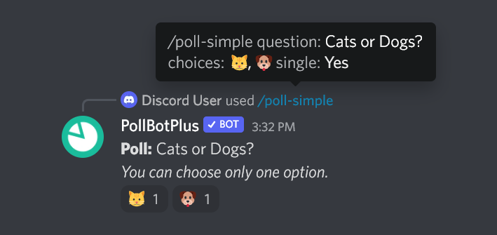 Simple poll with the question 'Cats or dogs?' with a cat and dog emoji reaction