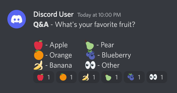 Discord user asking 'What's your favorite fruit?' with various fruits as reactions